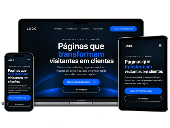 Mockup de landing page de alta conversão em MacBook Pro, iPhone e iPad, com design moderno e responsivo nas cores preto, branco e azul.